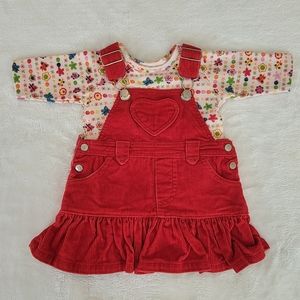 BABY BEGINNINGS ♥️ 2pc Red Corduroy Ruffled Overalls w/Multi Color Bodysuit 0-3M
